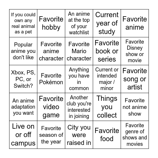 Anime Club Icebreaker 2024 Bingo Card