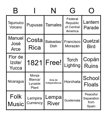 Central American Independence Day Bingo Card