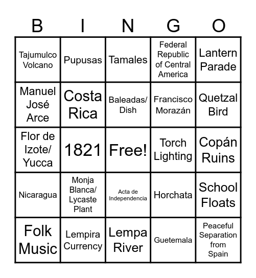 Central American Independence Day Bingo Card