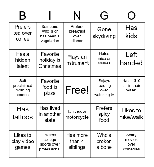 Get to Know You Bingo! Bingo Card