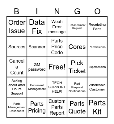 Parts Support Bingo Card