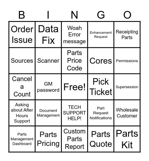 Parts Support Bingo Card