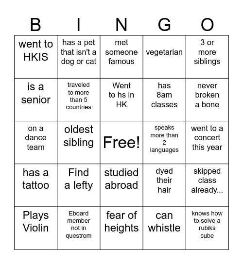 HKSA Bingo Card