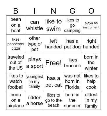 Getting to know you Bingo Card