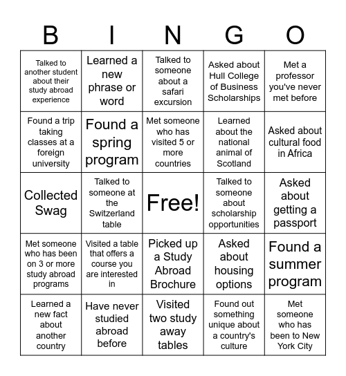 Study Abroad BINGO Card