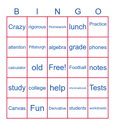 Back To School BC Calc Bingo Card