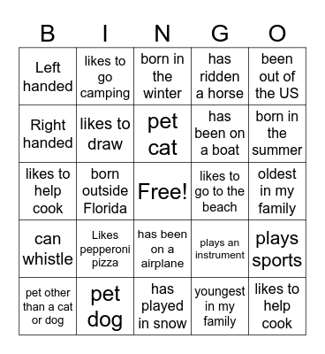 Getting to know you Bingo Card