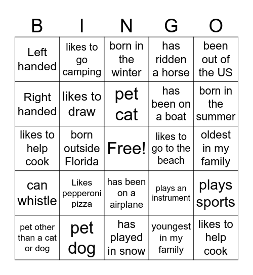 Getting to know you Bingo Card