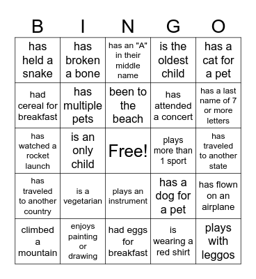 Getting to know you Bingo Card