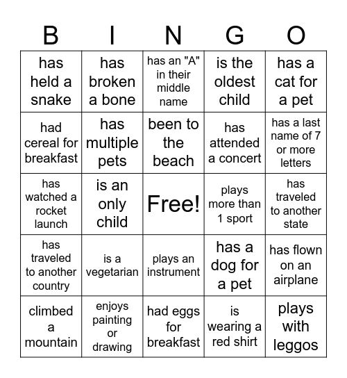 Getting to know you Bingo Card