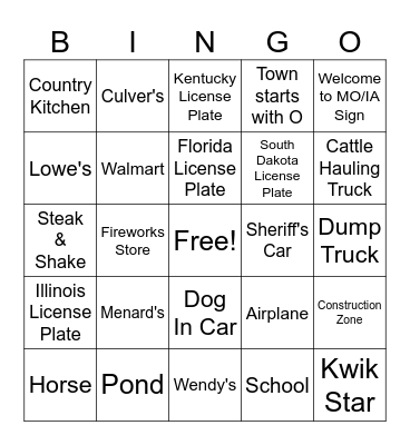 Road Trip Bingo Card