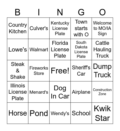 Road Trip Bingo Card