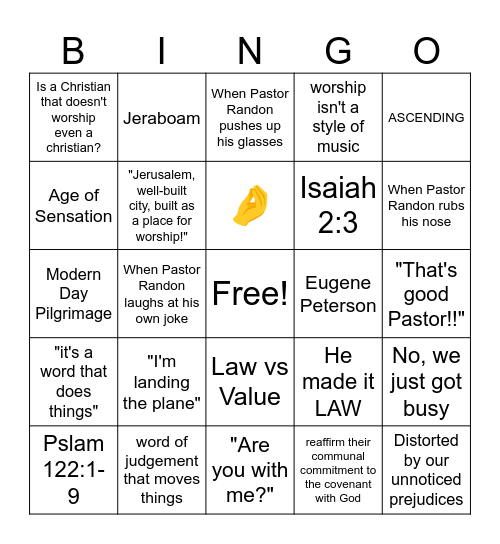 I Was Glad Bingo Card