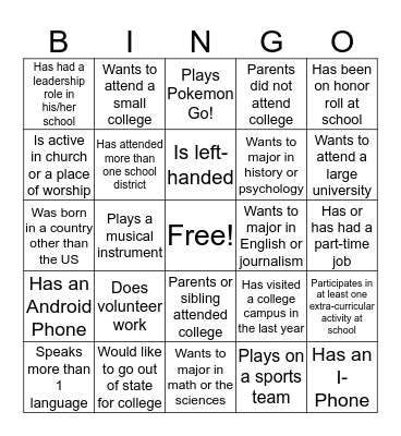 College Bound Bingo  Bingo Card