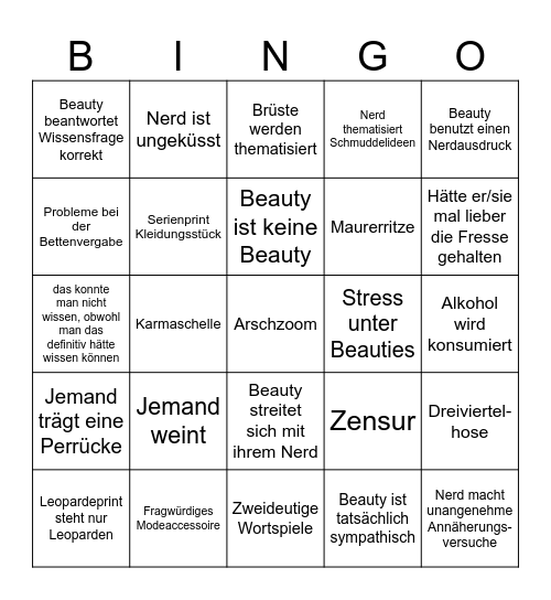 Beauty and the Nerd Bingo Card