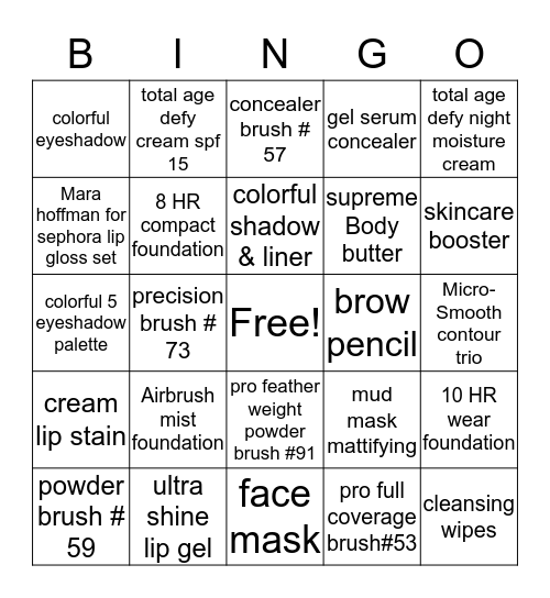 Sephora Brand Bingo Card