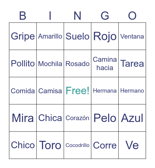 Spanish Vocabulario Bingo Card