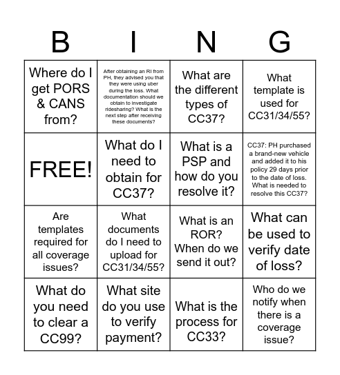 Coverage Condition Questions Bingo Card