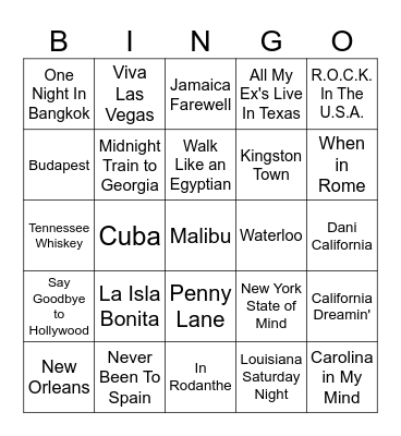 Songs With Places Bingo Card