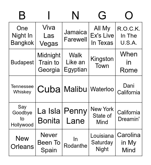 Songs With Places Bingo Card