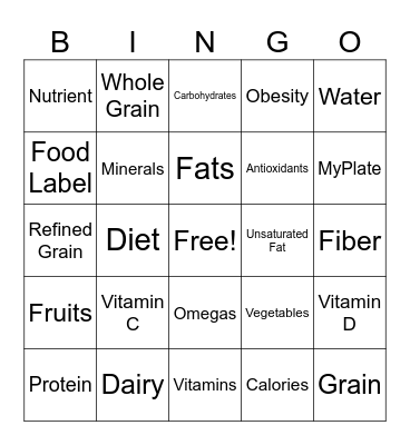 Nutrition Bingo Card