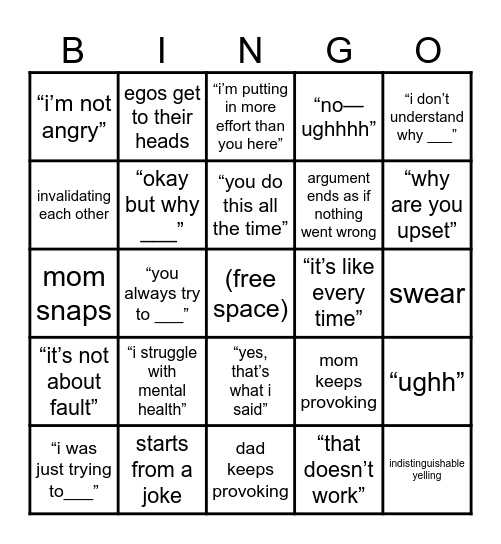 parents fighting bingo Card