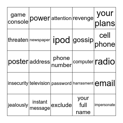 Online Safety, Cyberbullying and Forms of Media Bingo Card
