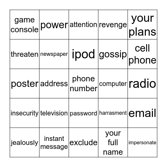 Online Safety, Cyberbullying and Forms of Media Bingo Card
