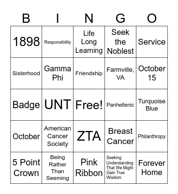 Zeta Tau Alpha Bingo Card