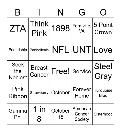 Zeta Tau Alpha Bingo Card