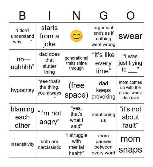 parents fighting bingo Card