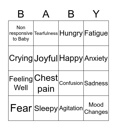 PostPartum Depression Bingo Card