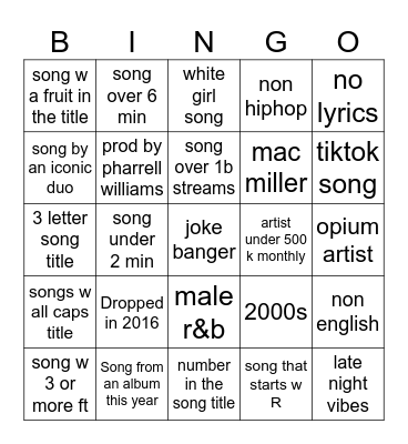 song Bingo Card