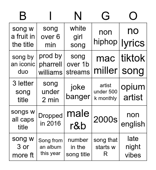 song Bingo Card