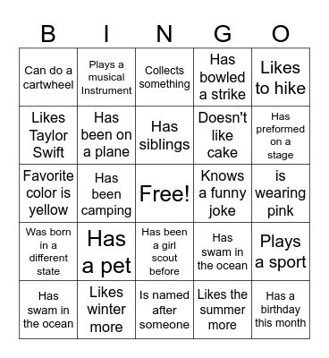 Getting to know you Bingo Card