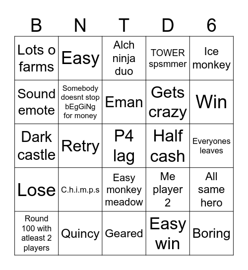 Btd6 bingo Card