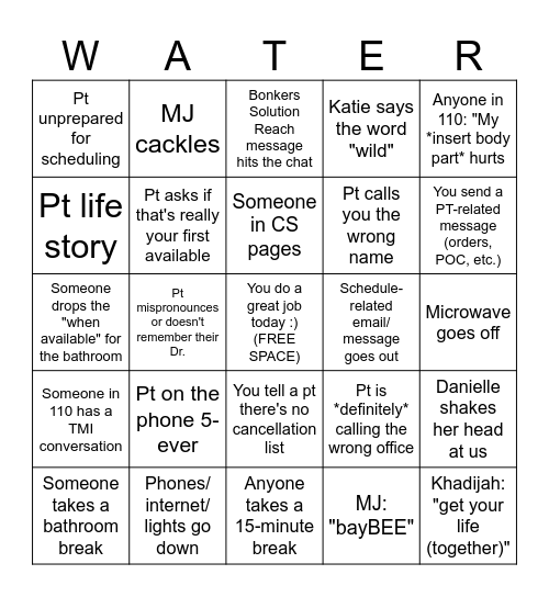 DRINK WATER Bingo Card