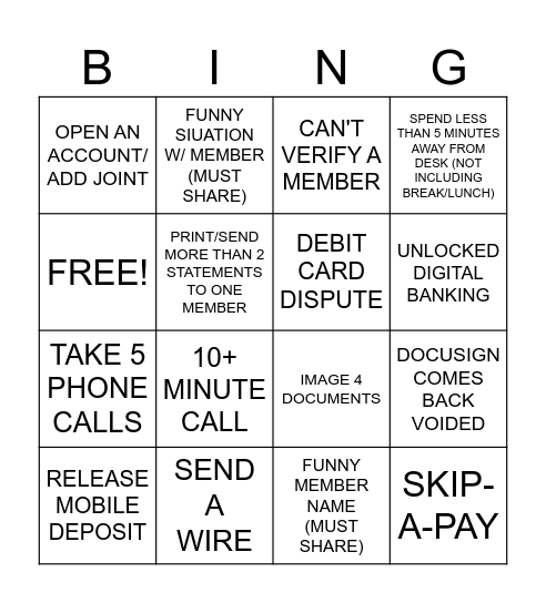 Video Banker Bingo Card