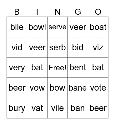 Minimal Pairs Bingo Card