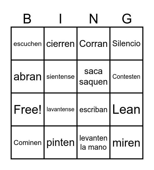 Spanish Classroom Commands Bingo Card