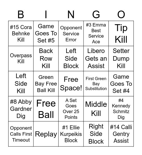 Phoenix Student Volleyball Bingo Card