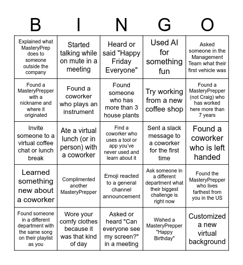 MasteryPrep Bingo Card