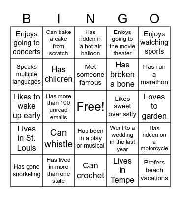 Get to Know You Bingo Card