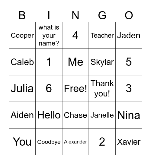 Chinese Name Bingo Card