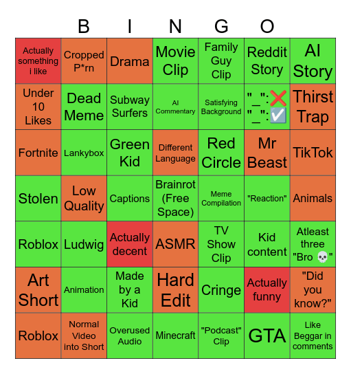 YT Shorts Bingo Card