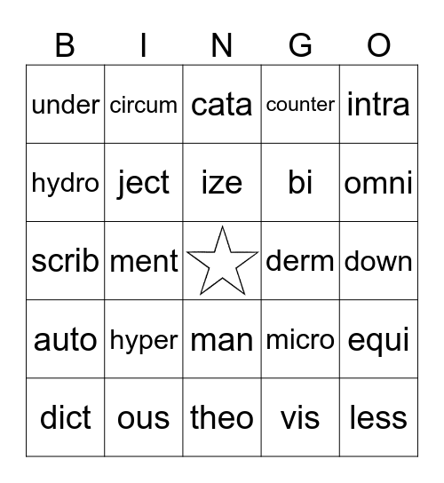 Affixes and Roots Bingo Card