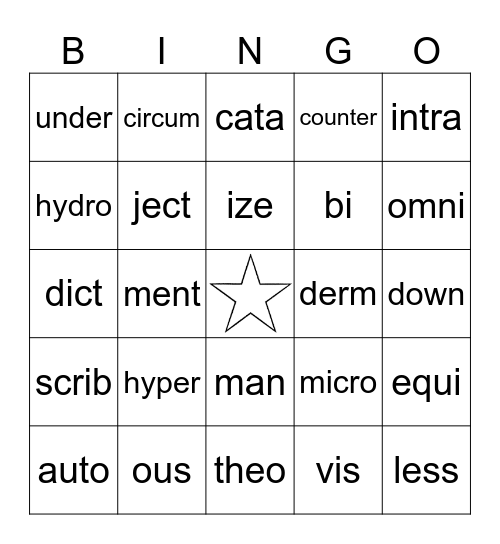 Affixes and Roots Bingo Card