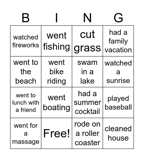 What Did You Do This Summer Bingo Card