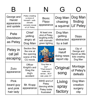 Dog Man Movie Trailer Bingo Card