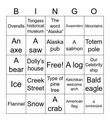 Ketchikan Port of Call Bingo Card